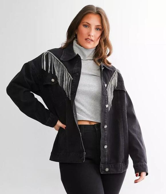 Veveret Jackets & Blazers - Veveret Black Denim Jean Jacket With Rhinestone Fringe Size L Western Cowgirl
